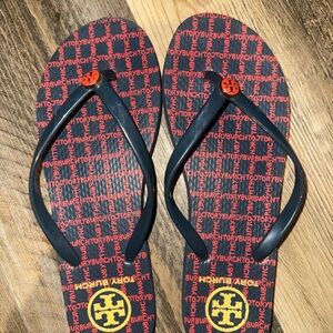 Tory Burch Red and Black Patterned Flip Flops